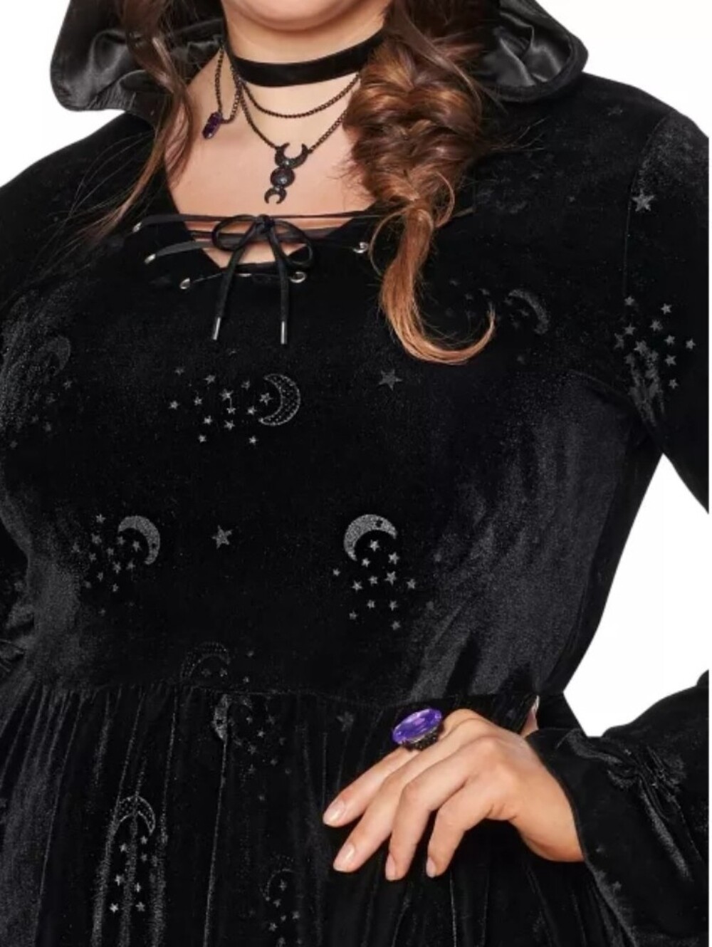 Celestial Coven Black Velvet Moon & Star Lace-Trim Hooded Dress Size Medium - Picture 4 of 11